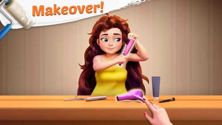 Project Makeover gameplay: a styling scene before a match board