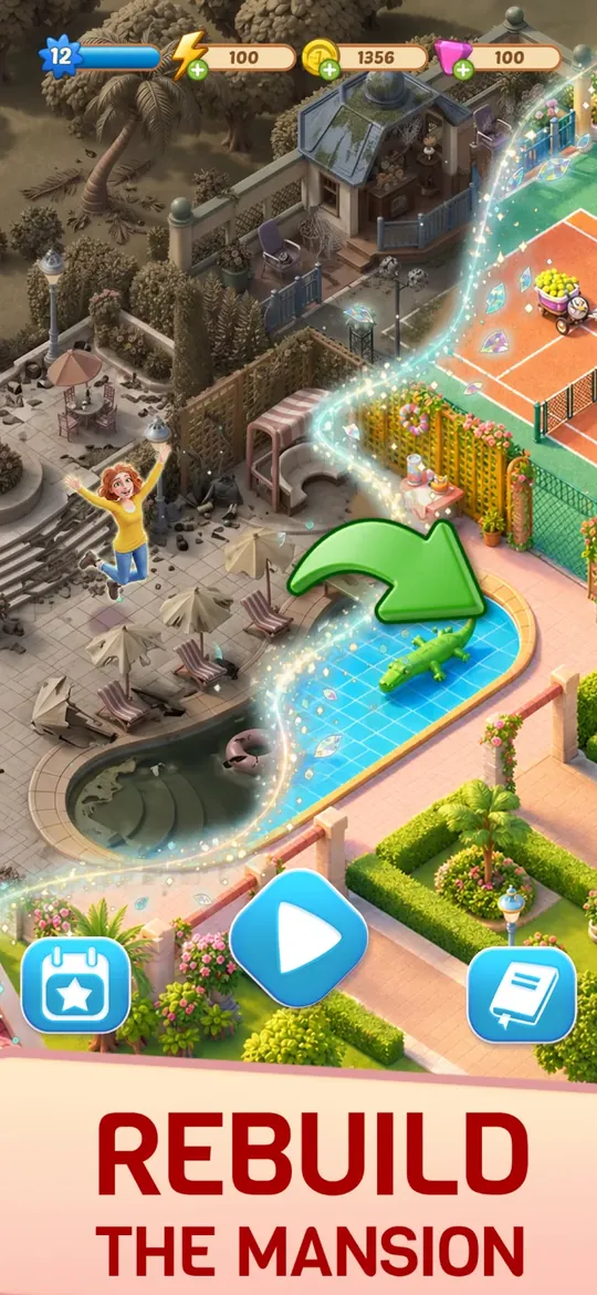 Merge Mansion screenshot: the mansion grounds being rebuilt