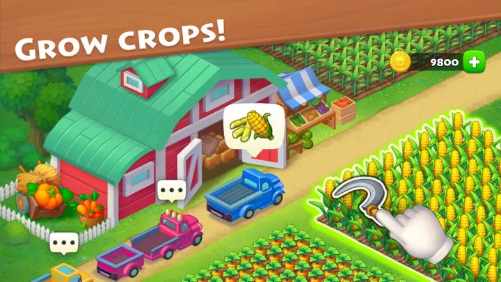 Township gameplay: fields and buildings in a growing town